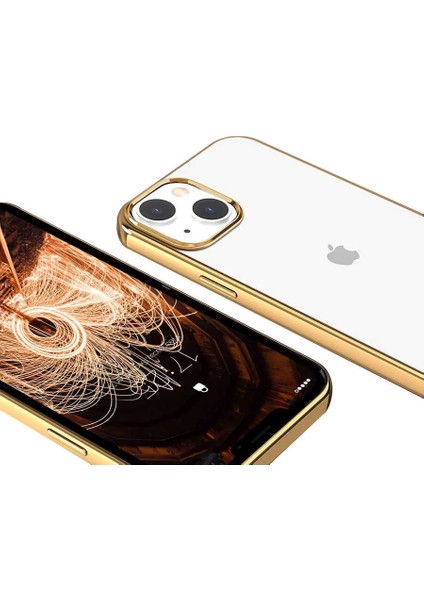 Apple iPhone 13 Kılıf Darbe Emici Renkli Kenar Şeffaf Sert Silikon Pixel Kapak Gold