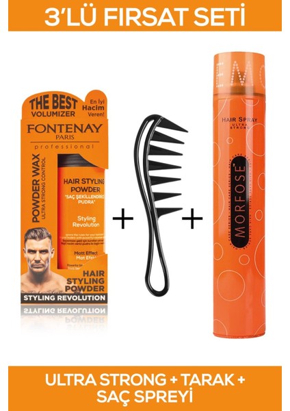 Saç Şekillendirici Pudra Toz Wax Ultra Strong Turuncu + Şekil Tarağı + Saç Spreyi 400ML 3'lü Set