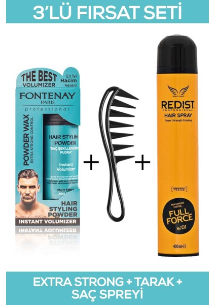 Saç Şekillendirici Pudra Toz Wax Matt Effect Mavi + Şekil Tarağı + 400ML Saç Spreyi 3'lü Set 2