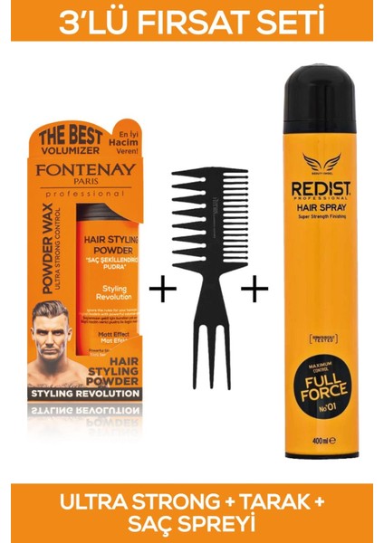 Saç Şekillendirici Pudra Toz Wax Ultra Strong Turuncu + Şekil Tarağı + Saç Spreyi 400ML 3'lü Set 2