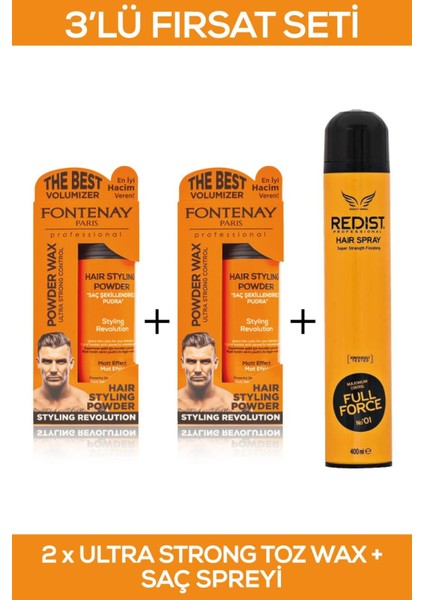 Saç Şekillendirici Pudra Toz Wax Ultra Strong Turuncu 20GR X2 + 400ML Saç Spreyi 3'lü Set 2