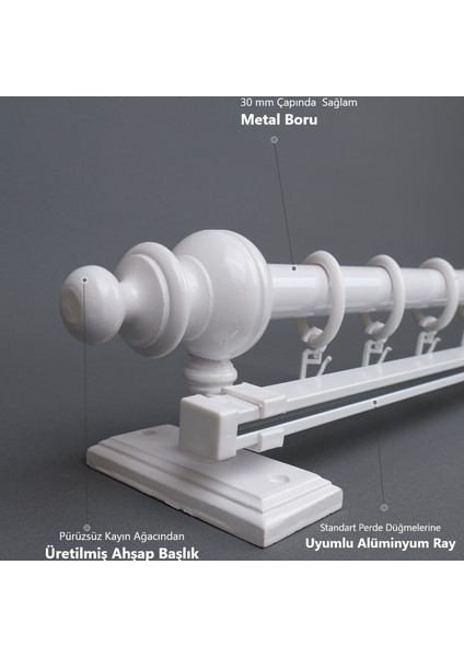 Beyaz Tek Raylı Ahşap Rustik Perde Askısı