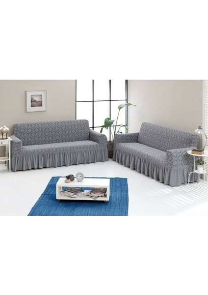 Jakarlı Damask Koltuk Örtüsü Maxi Çekyat (3+3)-Gri