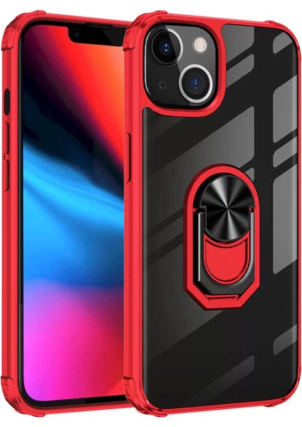 Apple iPhone 13 Mini Kılıf Silikon Kenarlı Stand Yüzüklü Manyetik Mola Kapak Kırmızı