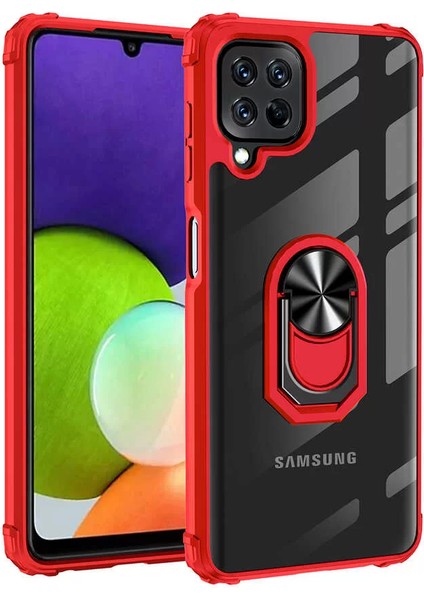 Samsung Galaxy M32 Kılıf Silikon Kenarlı Stand Yüzüklü Manyetik Mola Kapak Kırmızı