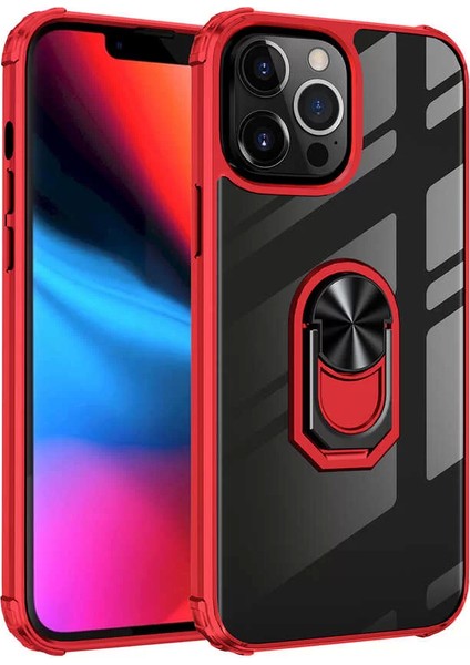 Apple iPhone 13 Pro Max Kılıf Silikon Kenarlı Stand Yüzüklü Manyetik Mola Kapak Kırmızı