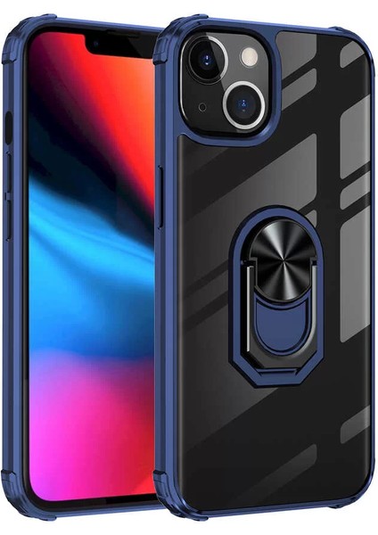 Apple iPhone 13 Mini Kılıf Silikon Kenarlı Stand Yüzüklü Manyetik Mola Kapak Lacivert