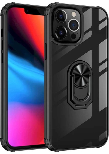 Apple iPhone 13 Pro Kılıf Silikon Kenarlı Stand Yüzüklü Manyetik Mola Kapak Siyah