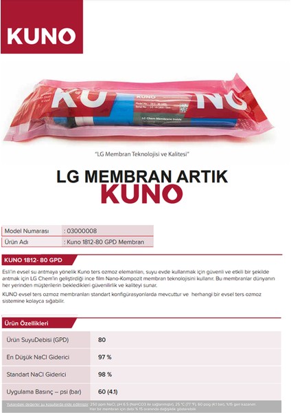 Su Arıtma Cihazı Membranı Kuno 1812-80 Gpd Membran BDR-1812-80GPD