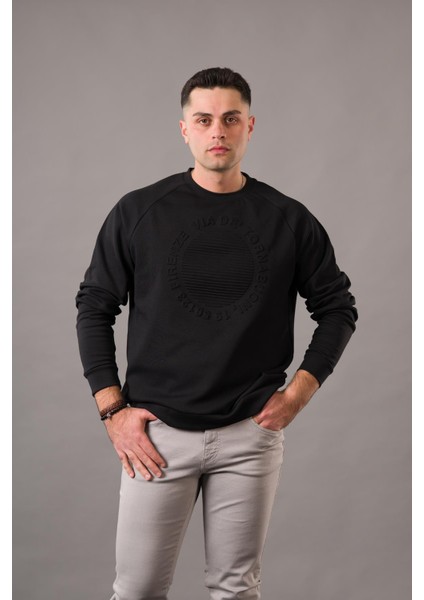 Oversize Baskılı Sıfır Yaka Pamuklu Erkek Sweatshirt