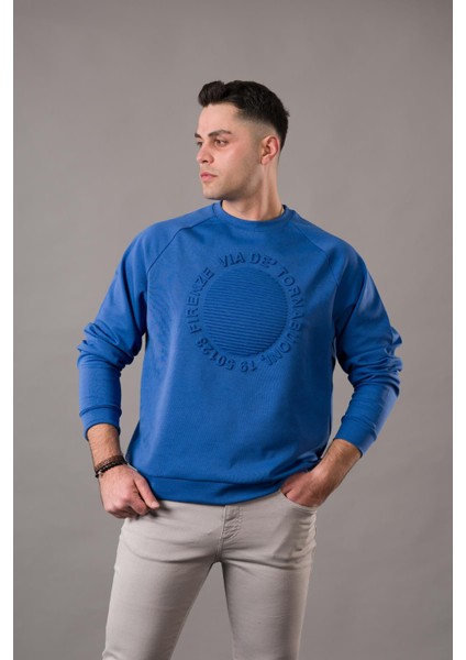 Oversize Baskılı Sıfır Yaka Pamuklu Erkek Sweatshirt