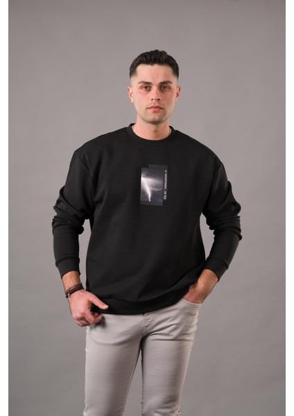 Oversize Baskılı Sıfır Yaka Pamuklu Erkek Sweatshirt