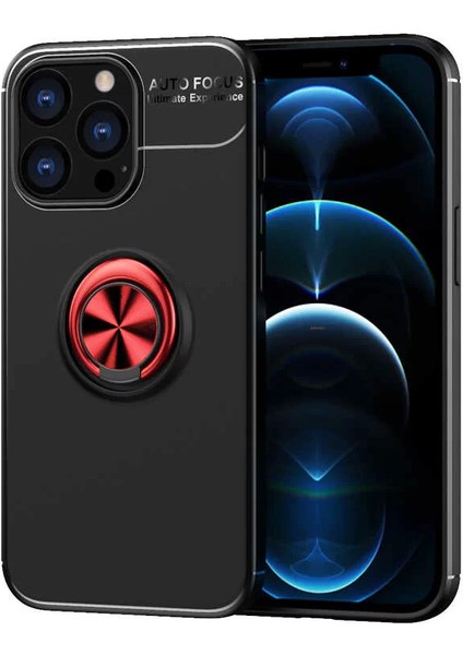 Apple iPhone 13 Pro Max Kılıf Ravel Yüzüklü Mıknatıslı Stand Focus Silikon Siyah-Kırmızı