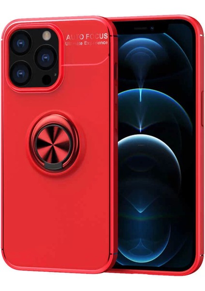 Apple iPhone 13 Pro Max Kılıf Ravel Yüzüklü Mıknatıslı Stand Focus Silikon Kırmızı