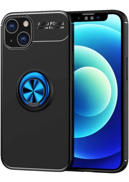 Apple iPhone 13 Mini Kılıf Ravel Yüzüklü Mıknatıslı Stand Focus Silikon Siyah-Mavi
