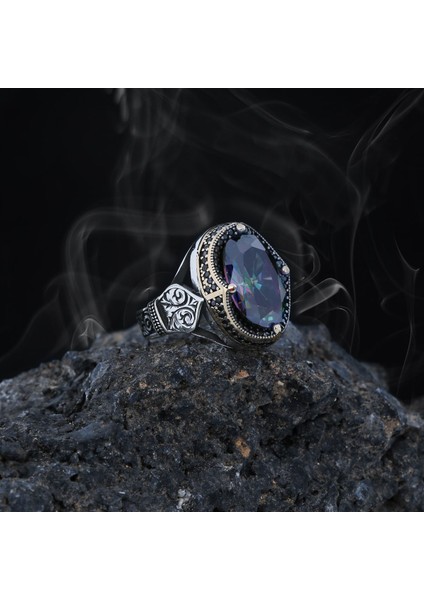 Yeni Tasarım Mistik Topaz Taşlı Motifli Gümüş Erkek Yüzük