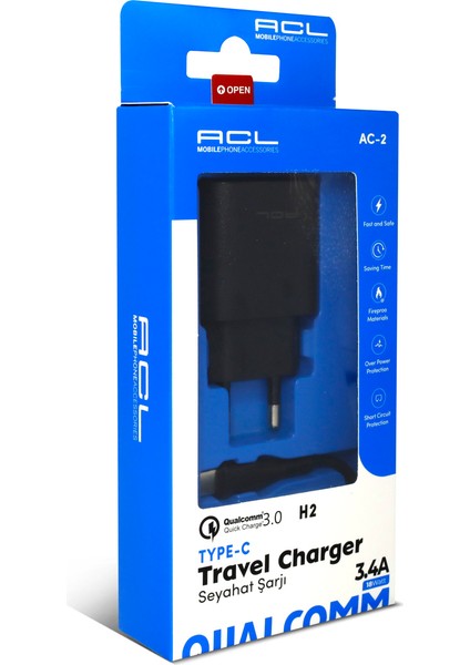Q.c 3.0 3.4 Amper 18 Watt Type - C Seyahat Şarjı - 1 Metre Kablo