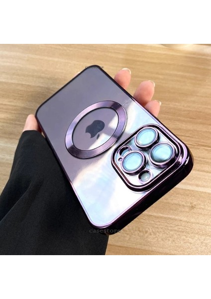 Iphone 14 Pro Uyumlu Kılıf Kamera Lens Üstü Kapalı Koruma Orta Logo Gösterir Halkalı Şeffaf