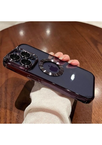 Iphone 14 Pro Uyumlu Kılıf Kamera Lens Üstü Kapalı Koruma Orta Logo Gösterir Halkalı Şeffaf modelleri