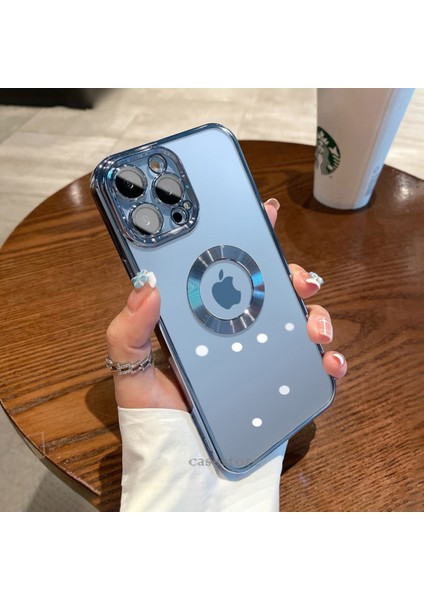 Iphone 14 Pro Uyumlu Kılıf Kamera Lens Üstü Kapalı Koruma Orta Logo Gösterir Halkalı Şeffaf