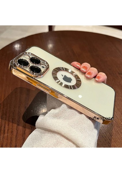 Iphone 14 Pro Uyumlu Kılıf Kamera Lens Üstü Kapalı Koruma Orta Logo Gösterir Halkalı Şeffaf