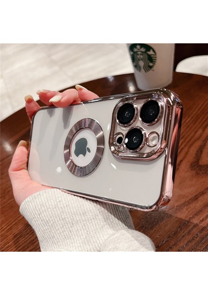 Iphone 14 Pro Uyumlu Kılıf Kamera Lens Üstü Kapalı Koruma Orta Logo Gösterir Halkalı Şeffaf