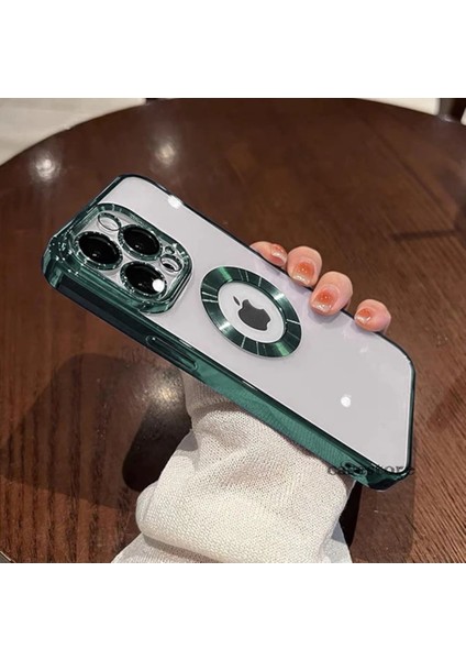 Iphone 14 Pro Uyumlu Kılıf Kamera Lens Üstü Kapalı Koruma Orta Logo Gösterir Halkalı Şeffaf