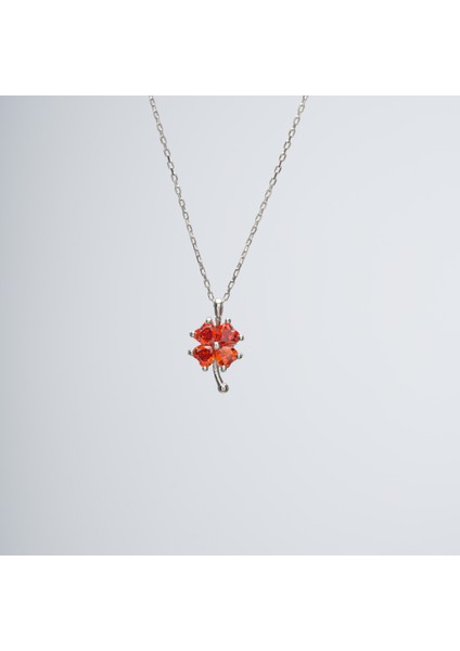 925 Ayar Enerji Turuncu Taşlı Yonca Kolye Kadın Gümüş