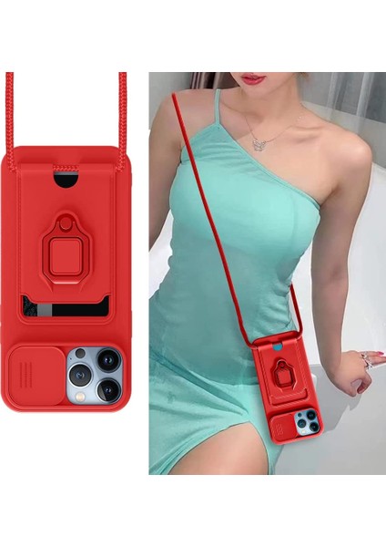 Apple iPhone 13 Pro Kılıf ve Kart Tutucu Halkalı Stand [manyetik] iPhone 13 Pro Max Için Sıvı Silikon Çizilmeye Dayanıklı Darbeye Dayanıklı Lensi Kamera Koruma Kılıfı Kırmızı