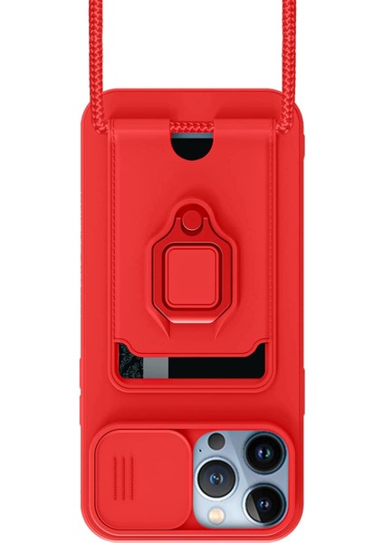 Apple iPhone 13 Pro Kılıf ve Kart Tutucu Halkalı Stand [manyetik] iPhone 13 Pro Max Için Sıvı Silikon Çizilmeye Dayanıklı Darbeye Dayanıklı Lensi Kamera Koruma Kılıfı Kırmızı
