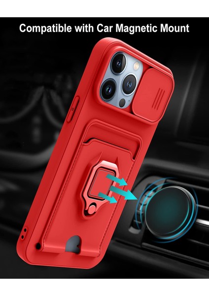 Apple iPhone 13 Pro Kılıf ve Kart Tutucu Halkalı Stand [manyetik] iPhone 13 Pro Max Için Sıvı Silikon Çizilmeye Dayanıklı Darbeye Dayanıklı Lensi Kamera Koruma Kılıfı Kırmızı