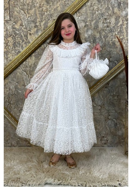 Beyaz Çantalı Dantelli Tarz Çocuk Abiye 10/13 Yaş Arası fiyatları