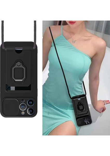 Apple iPhone 13 Kılıf ve Kart Tutucu Halkalı Stand [manyetik] Apple iPhone 13 Pro Max Için Sıvı Silikon Çizilmeye Dayanıklı Darbeye Dayanıklı Lensi Kamera Koruma Kılıfı Siyah
