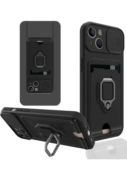 Apple iPhone 13 Kılıf ve Kart Tutucu Halkalı Stand [manyetik] Apple iPhone 13 Pro Max Için Sıvı Silikon Çizilmeye Dayanıklı Darbeye Dayanıklı Lensi Kamera Koruma Kılıfı Siyah