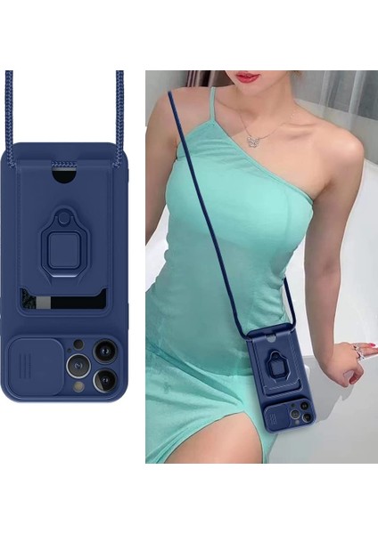 Apple iPhone 13 Pro Kılıf ve Kart Tutucu Halkalı Stand [manyetik] Apple iPhone 13 Pro Max Için Sıvı Silikon Çizilmeye Dayanıklı Darbeye Dayanıklı Lensi Kamera Koruma Kılıfı Lacivert
