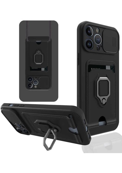 Apple iPhone 13 Pro Kılıf ve Kart Tutucu Halkalı Stand [manyetik] Apple iPhone 13 Pro Max Için Sıvı Silikon Çizilmeye Dayanıklı Darbeye Dayanıklı Lensi Kamera Koruma Kılıfı Siyah