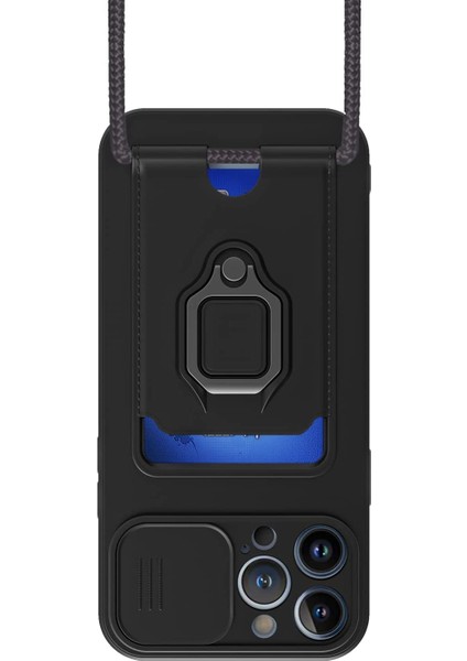 Apple iPhone 13 Pro Kılıf ve Kart Tutucu Halkalı Stand [manyetik] Apple iPhone 13 Pro Max Için Sıvı Silikon Çizilmeye Dayanıklı Darbeye Dayanıklı Lensi Kamera Koruma Kılıfı Siyah