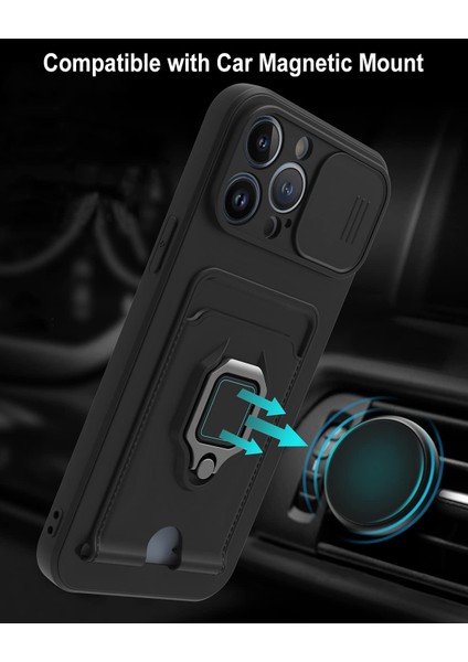 Apple iPhone 13 Pro Kılıf ve Kart Tutucu Halkalı Stand [manyetik] Apple iPhone 13 Pro Max Için Sıvı Silikon Çizilmeye Dayanıklı Darbeye Dayanıklı Lensi Kamera Koruma Kılıfı Siyah