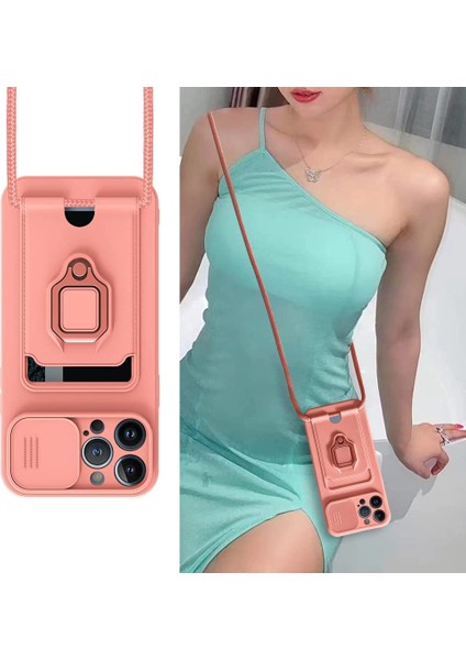 Apple iPhone 13 Pro Max Kılıf ve Kart Tutucu Halkalı Stand [manyetik] Apple iPhone 13 Pro Max Için Sıvı Silikon Çizilmeye Dayanıklı Darbeye Dayanıklı Lensi Kamera Koruma Kılıfı Pembe