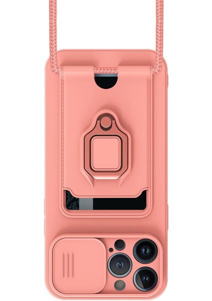 Apple iPhone 13 Pro Max Kılıf ve Kart Tutucu Halkalı Stand [manyetik] Apple iPhone 13 Pro Max Için Sıvı Silikon Çizilmeye Dayanıklı Darbeye Dayanıklı Lensi Kamera Koruma Kılıfı Pembe