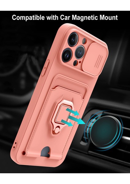 Apple iPhone 13 Pro Max Kılıf ve Kart Tutucu Halkalı Stand [manyetik] Apple iPhone 13 Pro Max Için Sıvı Silikon Çizilmeye Dayanıklı Darbeye Dayanıklı Lensi Kamera Koruma Kılıfı Pembe