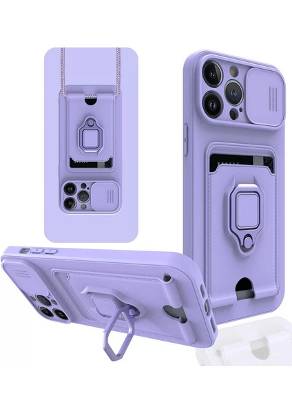 Apple iPhone 13 Pro Max Kılıf ve Kart Tutucu Halkalı Stand [manyetik] Apple iPhone 13 Pro Max Için Sıvı Silikon Çizilmeye Dayanıklı Darbeye Dayanıklı Lensi Kamera Koruma Kılıfı Lila