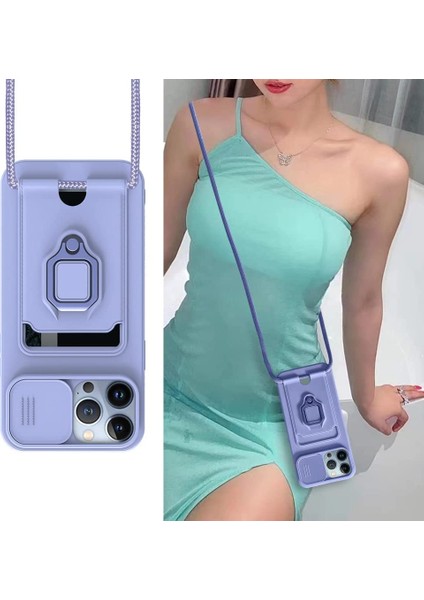 Apple iPhone 11 Kılıf ve Kart Tutucu Halkalı Stand [manyetik] Apple iPhone 13 Pro Max Için Sıvı Silikon Çizilmeye Dayanıklı Darbeye Dayanıklı Lensi Kamera Koruma Kılıfı Lila