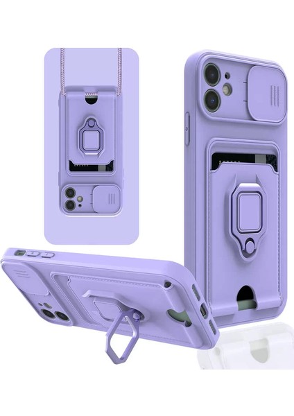 Apple iPhone 11 Kılıf ve Kart Tutucu Halkalı Stand [manyetik] Apple iPhone 13 Pro Max Için Sıvı Silikon Çizilmeye Dayanıklı Darbeye Dayanıklı Lensi Kamera Koruma Kılıfı Lila