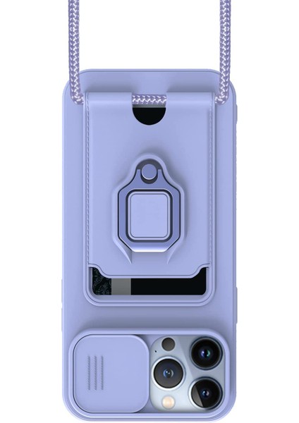 Apple iPhone 11 Kılıf ve Kart Tutucu Halkalı Stand [manyetik] Apple iPhone 13 Pro Max Için Sıvı Silikon Çizilmeye Dayanıklı Darbeye Dayanıklı Lensi Kamera Koruma Kılıfı Lila