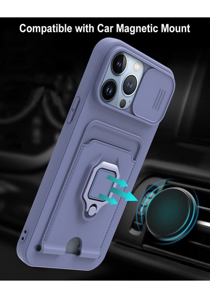 Apple iPhone 11 Kılıf ve Kart Tutucu Halkalı Stand [manyetik] Apple iPhone 13 Pro Max Için Sıvı Silikon Çizilmeye Dayanıklı Darbeye Dayanıklı Lensi Kamera Koruma Kılıfı Lila