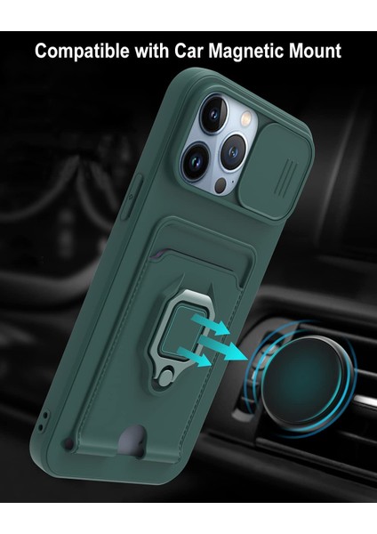 Apple iPhone 11 Kılıf ve Kart Tutucu Halkalı Stand [manyetik] Apple iPhone 13 Pro Max Için Sıvı Silikon Çizilmeye Dayanıklı Darbeye Dayanıklı Lensi Kamera Koruma Kılıfı Koyu Yeşil fiyatları