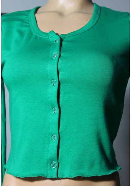 Kadın Yeşil Bisiklet Yaka Düğmeli Crop Bluz