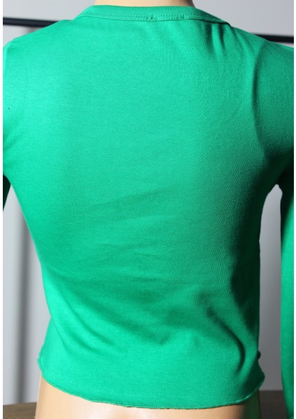 Kadın Yeşil Bisiklet Yaka Düğmeli Crop Bluz