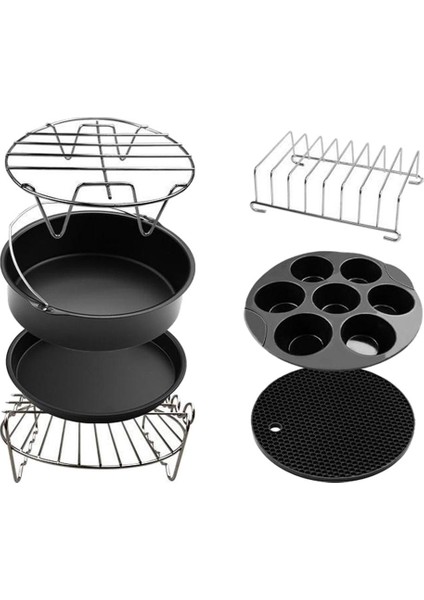 Paslanmaz 7 Adet Yui / Xiaomi / Philips / Kumtel Uyumlu Air Fryer Aksesuarı - Siyah / Gümüş (Yurt Dışından)